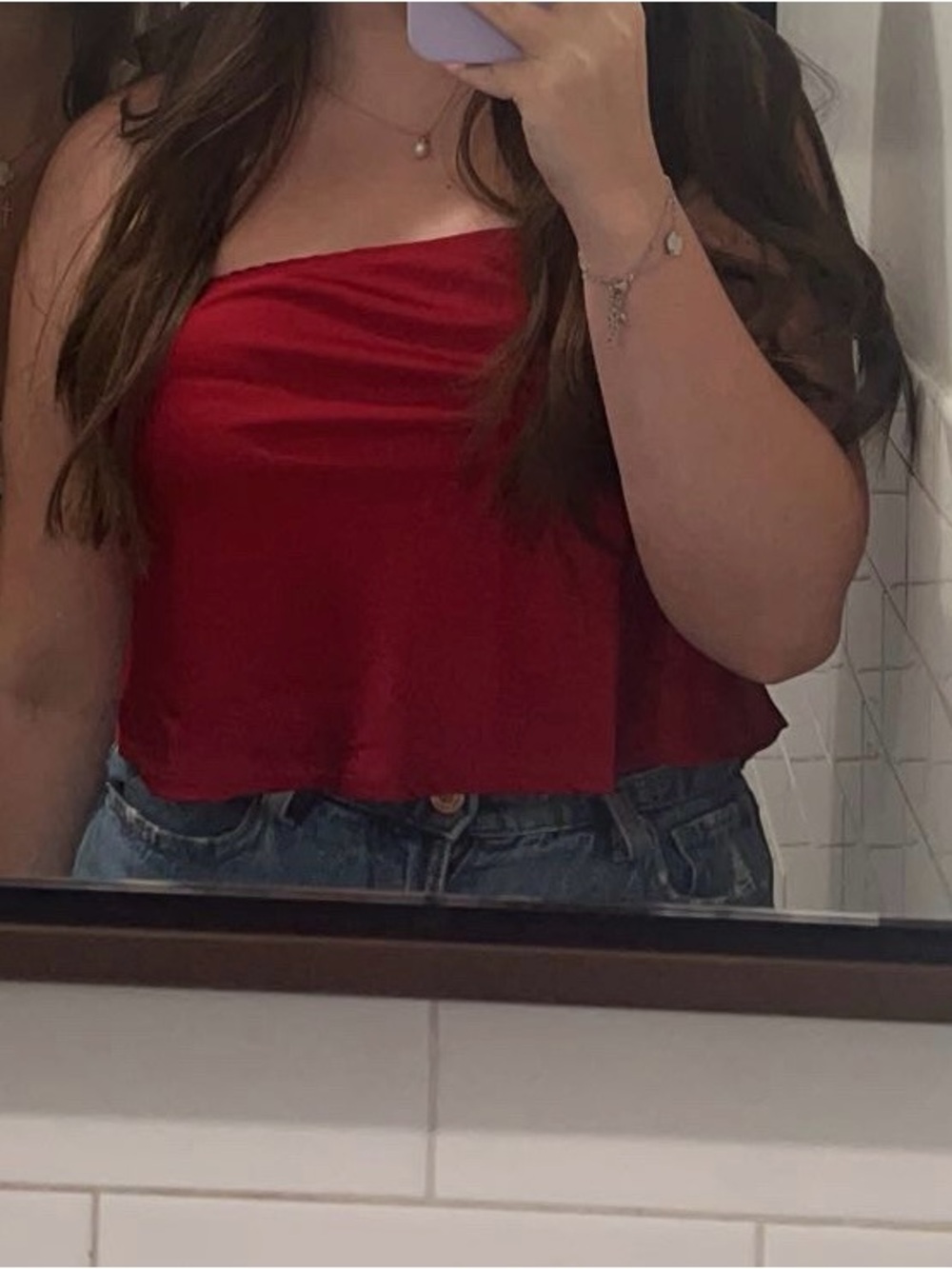 Red Satin strapless Crop Top with Draped Neckline